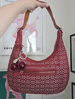 Vintage Red Coach Crescent Hobo Shoulder Bag W/Cherry Charm - Rare